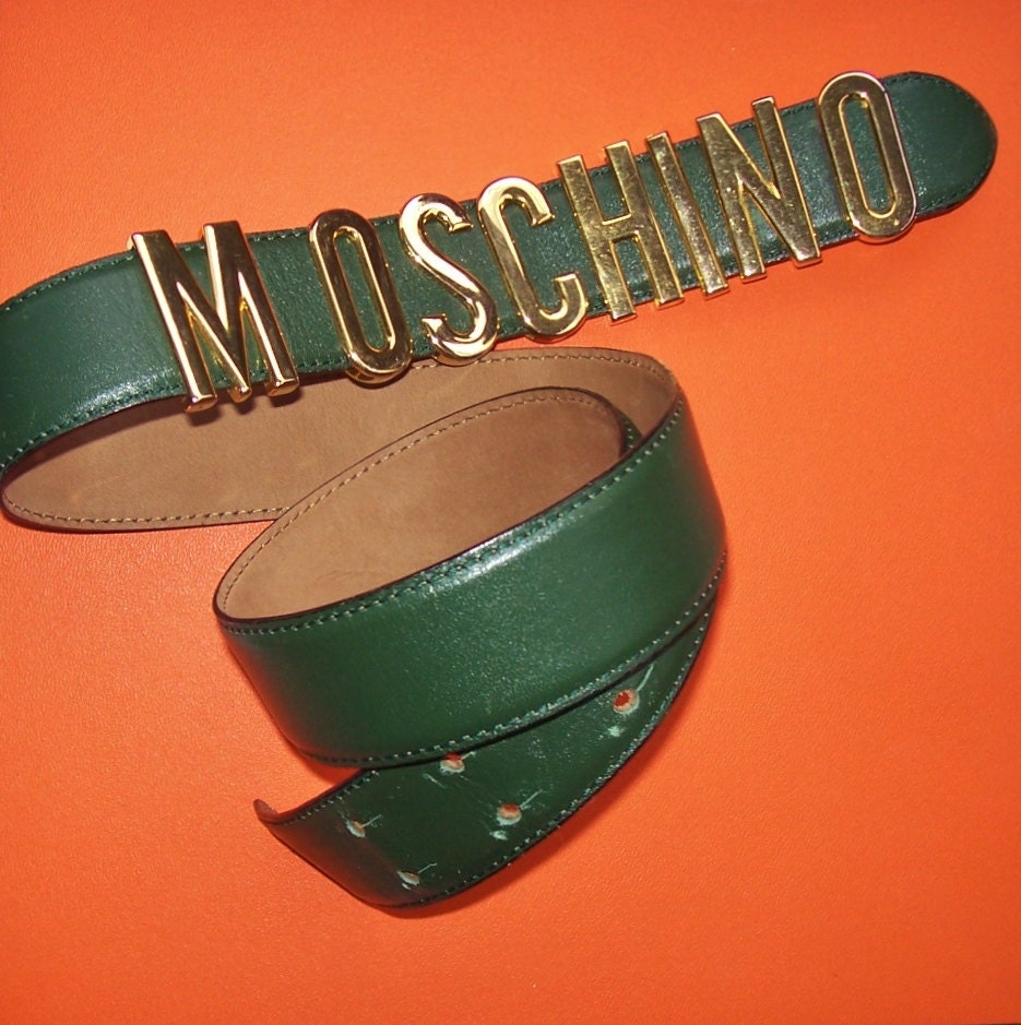 1990s 90s Moschino fir green Leather Letter Belt Size Small Redwall ...