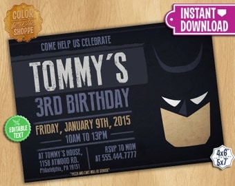 Batman Invitation - EDITABLE TEXT - Customizable Printable Birthday Party Invite Batman Superheroes Dark Knight - Instant Download