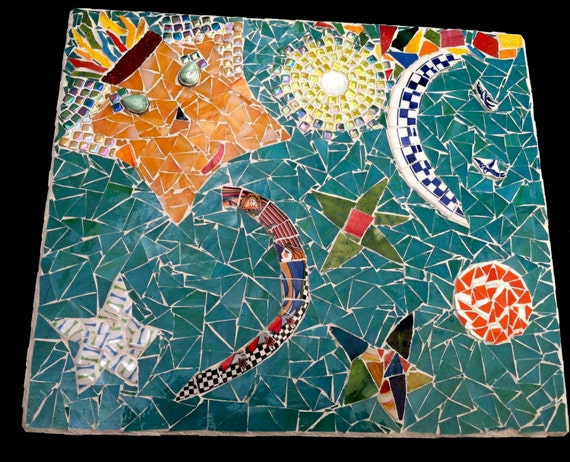 Sun Moon & Stars :Whimsical Unique Mosaic Art Universe.