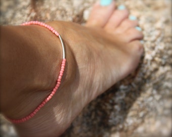 Summer Outdoors Coral Beaded Stretch Anklet Ankle Bracelet Boho Bracelet Gift Beach Inspired Stackable Bracelet Silver Ankle Bracelet Boho