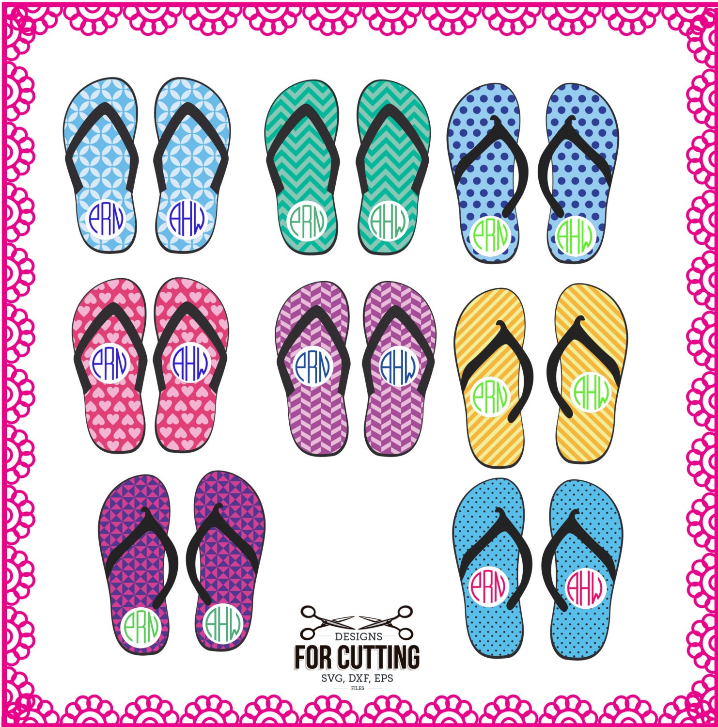 Flip Flops Sandals Beach Monogram cut Files SVG DXF EPS.