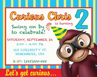Curious George Invitation * Curious George Birthday, curious george birthday flag, curious george cupcake topper