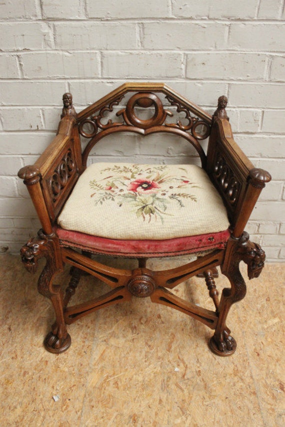 French Gothic Chair Medieval Knights Carved Tigers Antique Walnut 4785
