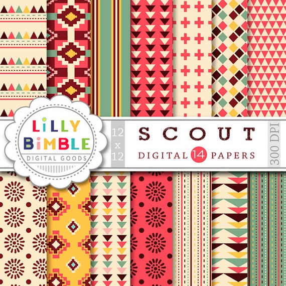 SCOUT Tribal Digital Papers aztec native american geometric prints in red, green, yellow, sage DIGITAL DOWNLOAD Il_570xn