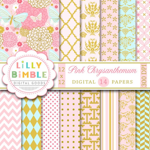 40% off Elegant Digital Scrapbook Paper with Pink Chrysanthemum, mums, flowers, pink and gold printable DIgital Download Il_570xn