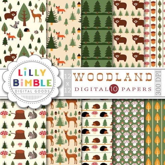 60% off 10 WOODLAND digital papers with forest animals including deer, fox, raccoon, squirrel and owl. Il_570xn