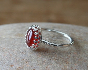 Carnelian Ring Stacking Ring Gallery Princess Bezel, Sterling Silver Gemstone, Crown Ring, Size 2 to 15, August Birthstone, Gift for Her