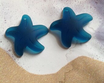 2pc large sea glass starfish beads-teal blue beach glass starfish,drilled frosted recycled glass-cultured tumbled sea bead- sea glass supply
