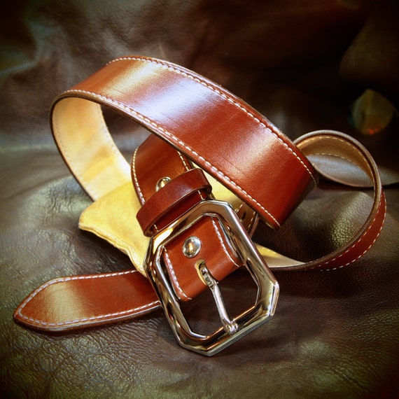 Tan leather belt 1-3/4" rust brown wide- saddle machine stitched handmade for YOU in NYC by Freddie Matara