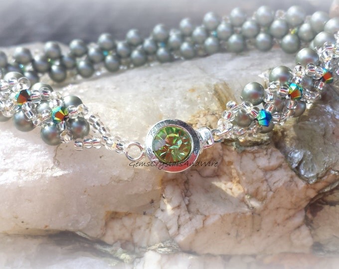Bracelet, Handmade Ladies Bracelet, Swarovski Pearls, Crystal, Peridot Clasp, Green Pearl Beaded Bracelet, Crystal Bracelet