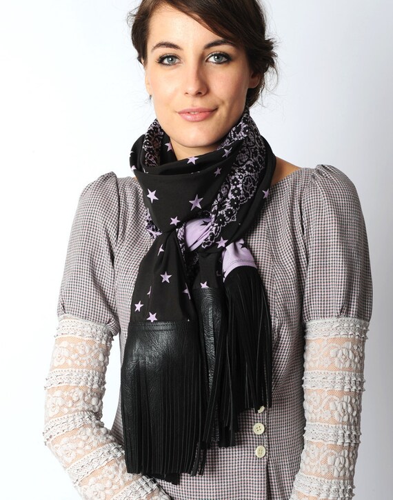Black starry scarf with leather fringes black and lilac by Malam