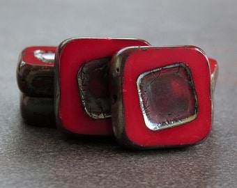 Red Picasso Czech Glass Bead Chunky Carved 14mm Square : 6 pc Red Square Bead