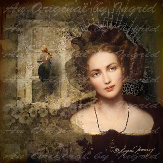 Beauty and the Feather Digital Collage Greeting Card (Suitable for Framing)