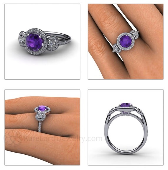 Platinum Amethyst Engagement Ring 3 Stone Round Diamond Halo
