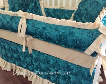 NEW Custom Rosette Satin & Faux Silk Luxury Posh Baby Nursery with Ruffles Complete 5-Piece Crib Bedding Set YOUR CHOICE of Colors