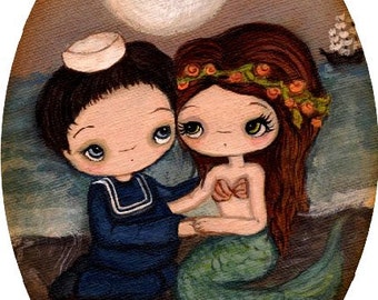 Mermaid Print Sailor Art Nautical Girl Ocean Love Couple Wall Art