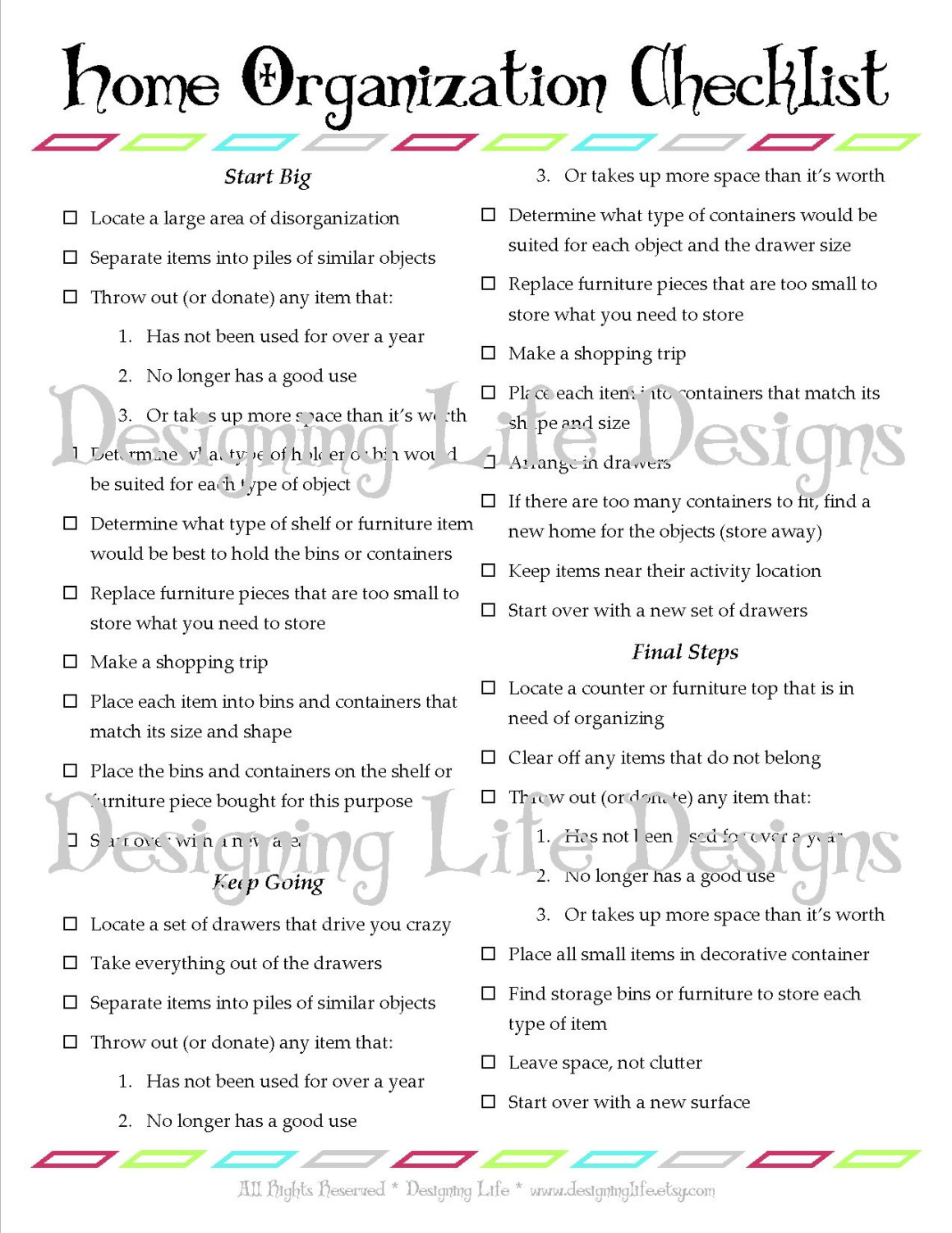 Home Organization Checklist PDF Printable Basic Organizing