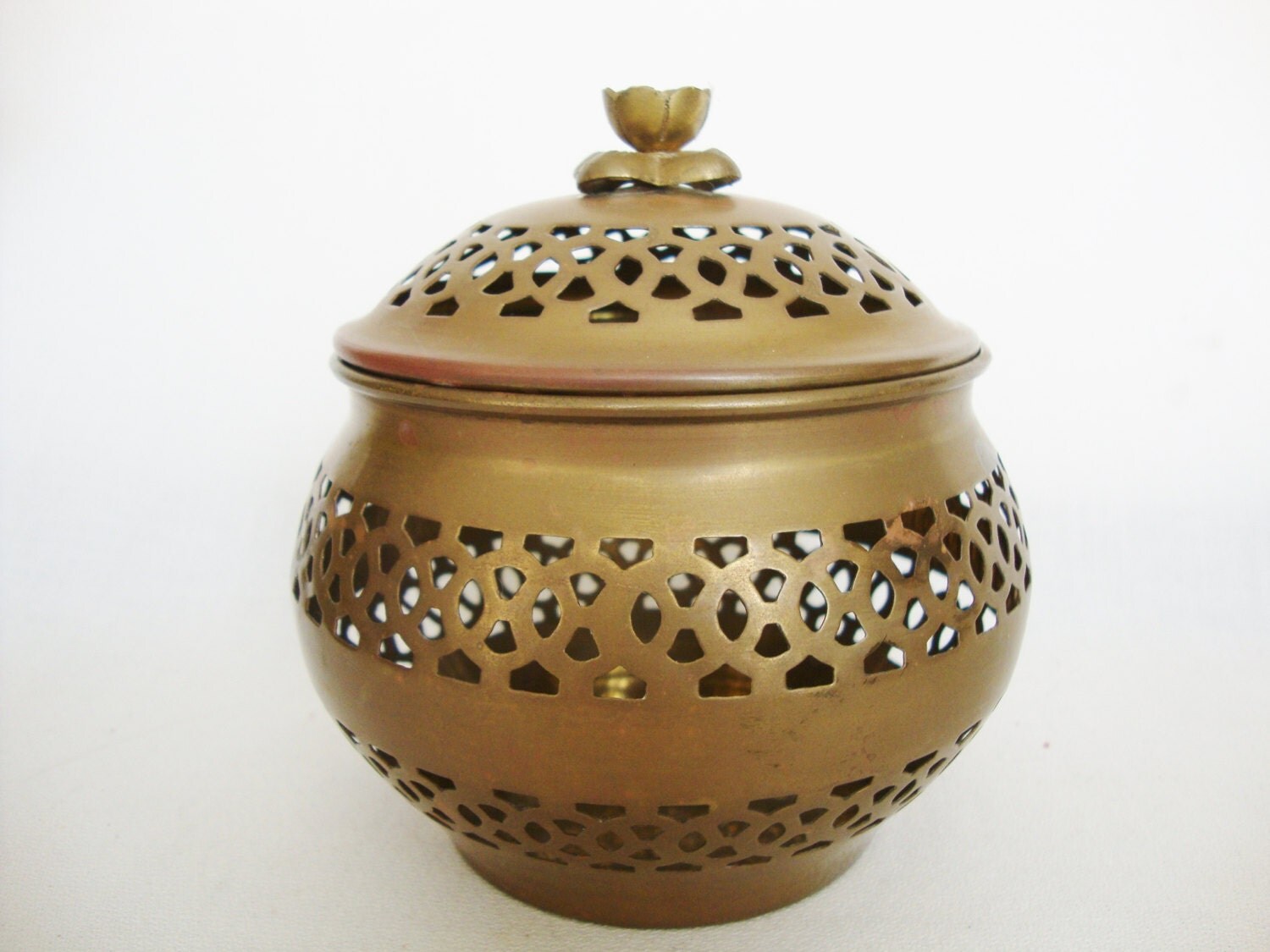 vintage pierced brass metal box round with lid container Haute Juice