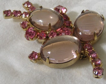 Vintage Pink Glass & Rhinestone Flower Costume Jewelry Brooch