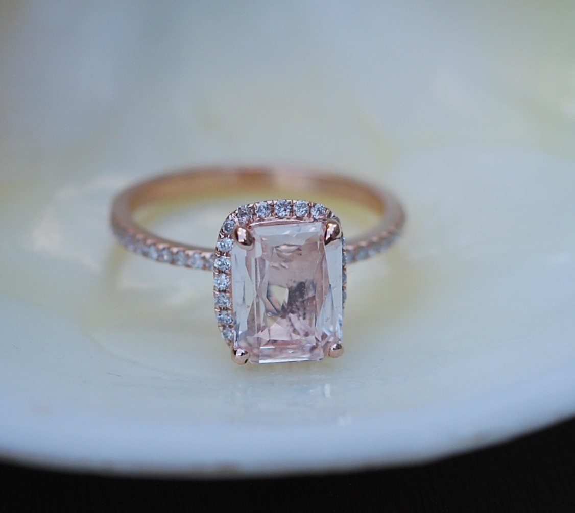 reserved Peach sapphire engagement ring. 1.92ct emerald cut