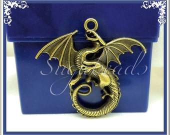 3 Larger Sized Antiqued Brass Dragon Pendants 45mm PB62