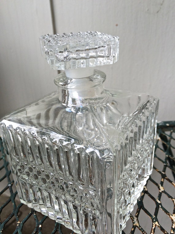 Pretty cut glass decanter square bottle with stopper great