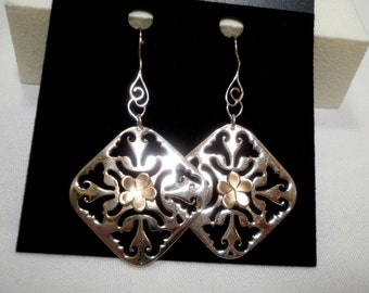Bright Sterling and Gold Lacy Square Dangle Earrings