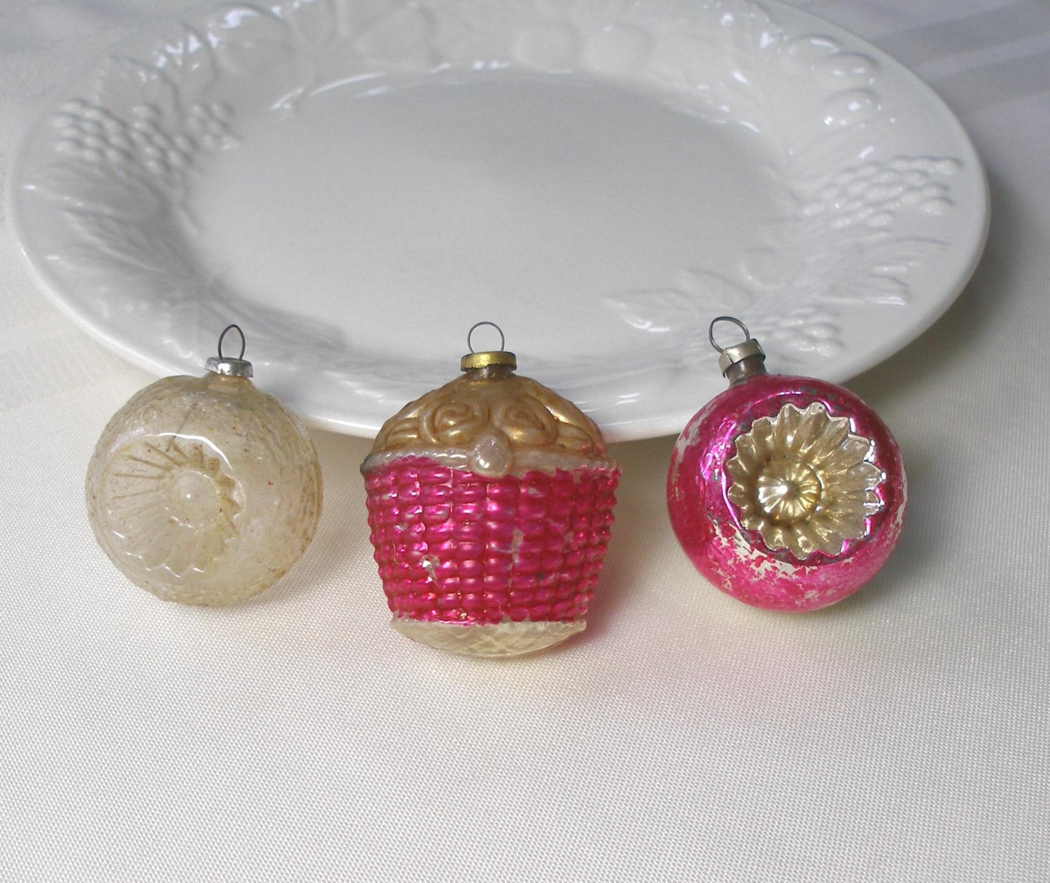 Antique Feather Tree Ornaments Set of 3 Vintage Mercury Glass