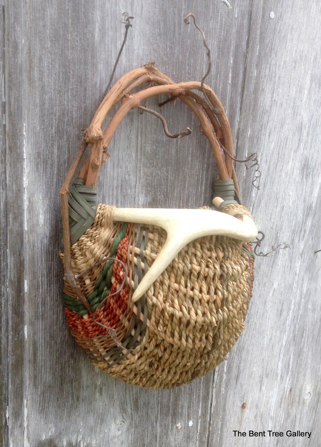 Deer Antler Wall Basket with Wild Grapevines in Natural Sage