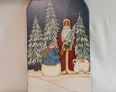 Santa, Snowman, Sheep, Winter, Christmas tree, Star, Hand painted, wood, folk art, primitve, snow scene