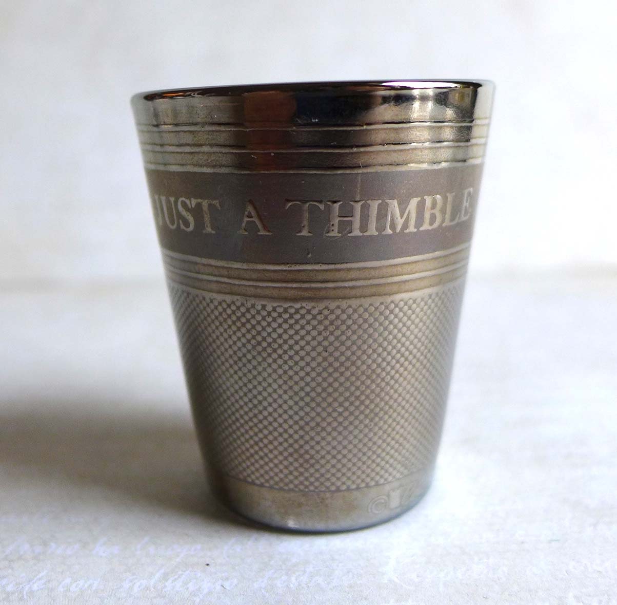 Vintage Just a Thimble Full Shot Glass Metallic Silver Shot