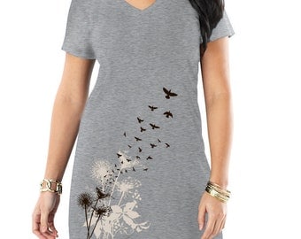 Plus Size Dress, Dandelions, Birds in Flight Print, Dandelions, Gift for her, Artsy Dress