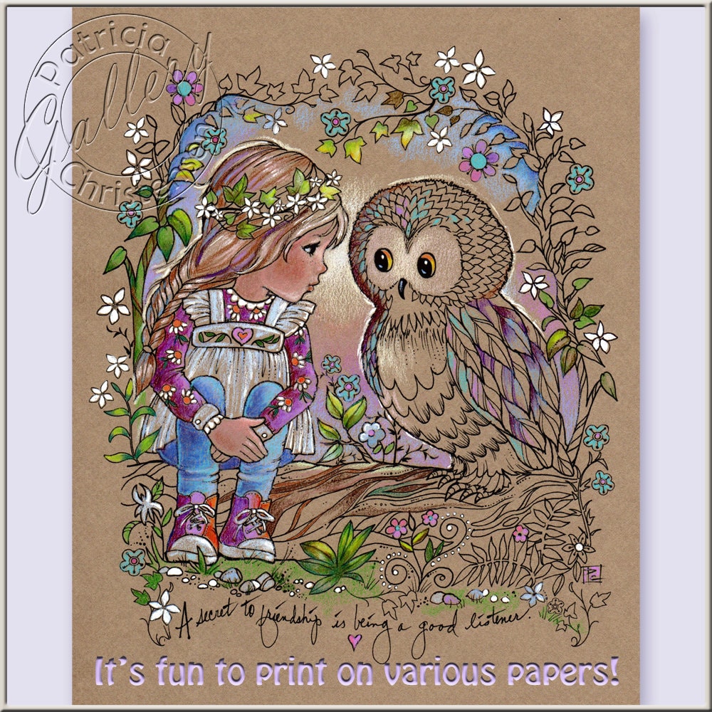 Coloring Book Pages Owl Digital Download JPG files Colored Pencils Gel Pens You Print on Your Quality Paper Girl Friendship