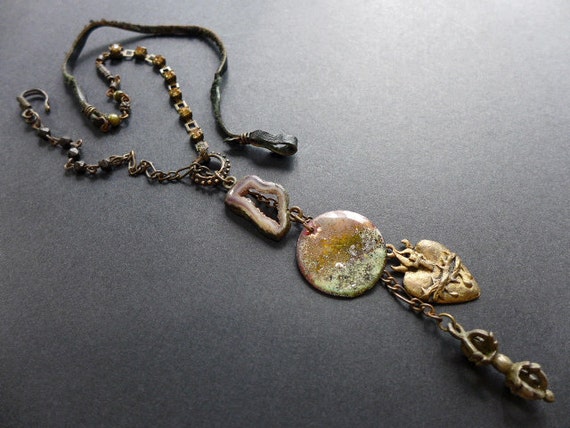 Barakah. Dark and dainty rustic assemblage lariat with metaphysical symbols.