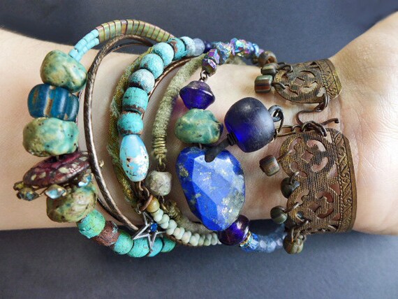 Oceanic 2. Bangle stack. Rustic tribal gypsy bracelet set with cuff in blues and greens.