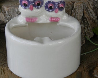Owl Ash Tray 2 Owls on a log - Ash Tray or Change holder - ceramic glazed