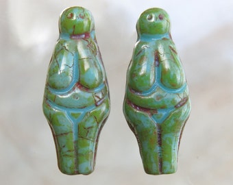 25x10mm Opaque Turquoise Picasso Czech Glass Goddess Beads - Qty 4 (BS229)