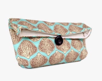 Handmade Makeup Bag, Blue and Tan Clutch Purse, Great for Travel, Beach Wedding Accessory, Summer Wedding, Gift Under 25, Bridesmaid Gift