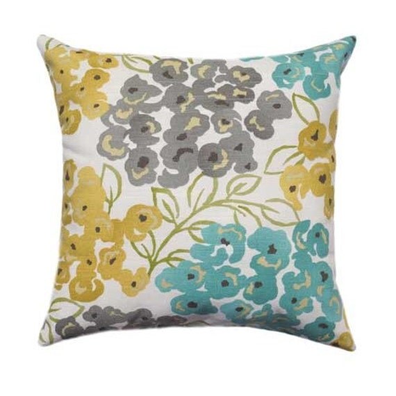 Floral Throw Pillow Grey Golden Yellow Turquoise Leaf