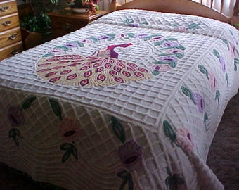 Vintage 1950's Peacock chenille bedspread fits full size bed