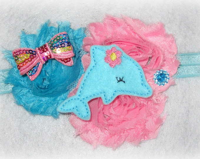 Headband Shabby Flower Pastel Dolphin Frayed Chic Chiffon Beautiful Hairbow Flower Bow Photo Party Newborn Baby Ocean Fish Aqua Water Pink