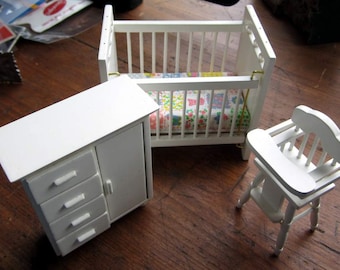 Dollhouse Decor- White Miniature Crib, Dresser, Highchair- Miniatures