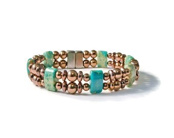 Copper Metallic Magnetic Hematite and Impression Jasper Bracelet, Arthritis Jewelry