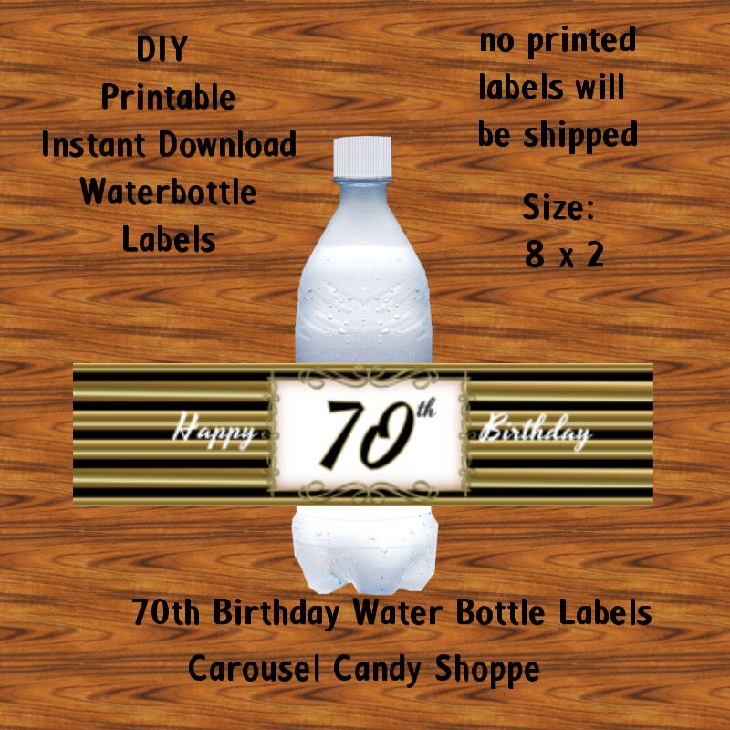 70th Birthday Black and Gold Water Bottle Lables Printable