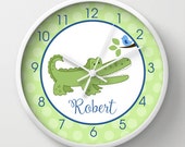 Alligator or Crocodile with Blue Bird on a Green Background Boys Nursery Wall Clock, Choose frame color, hands, and personalization