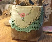 Small BURLAP TOTE with Vintage Mint Green Crocheted Lace and Hand Embroidery TOSCOFG