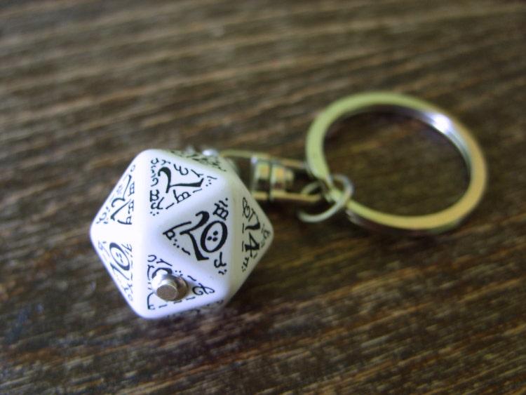 D20 dice keychain elf runes elvish die black white by MageStudio