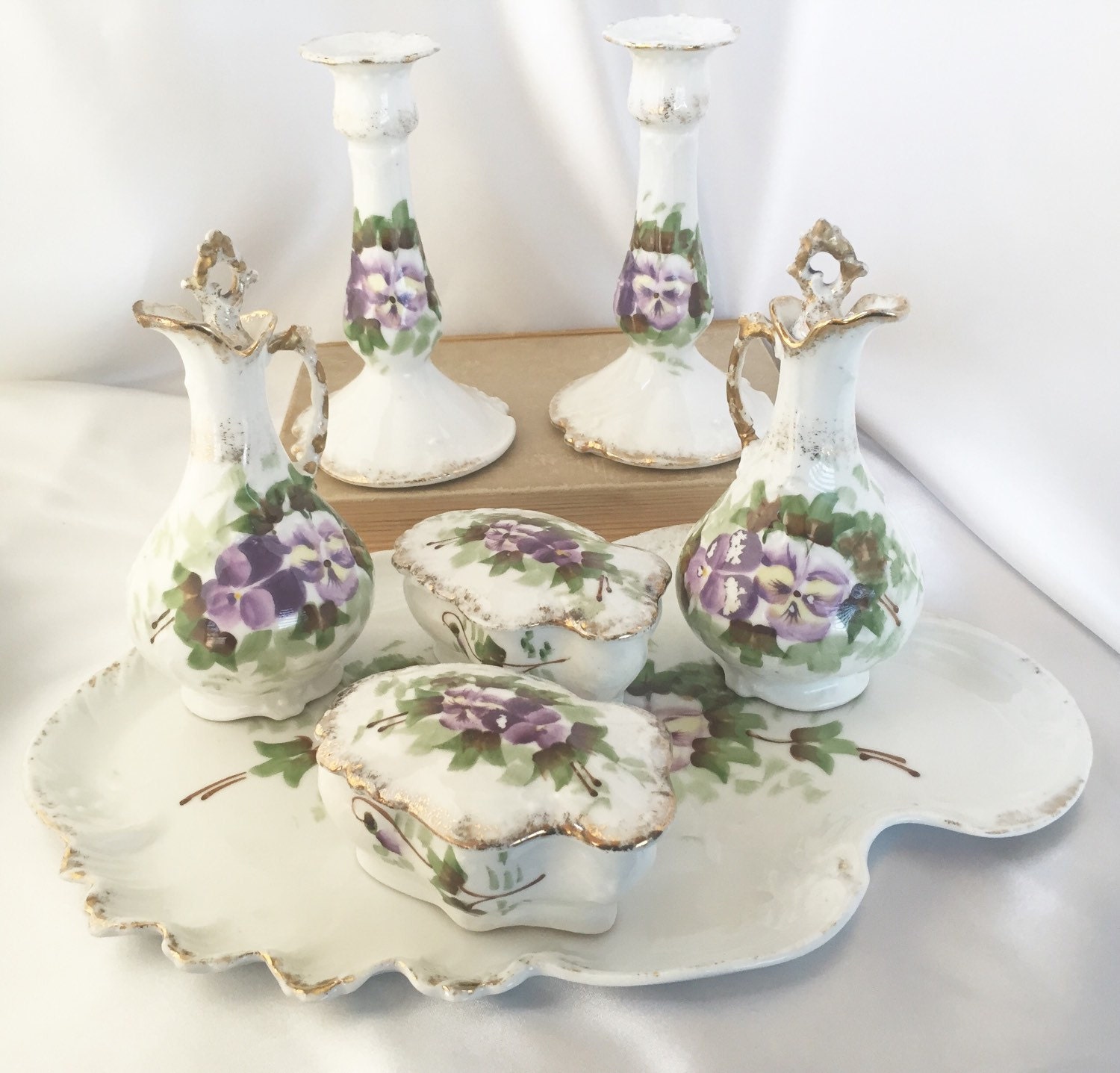 Antique Limoges France porcelain dresser vanity set with