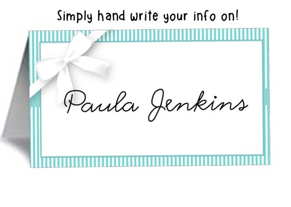 12 Blank Table Tent Place Cards, Food Buffet Table Cards, Aqua Color Scheme, Stripes, Wedding, Bridal Shower, Baby Shower, Birthday Il_570xn