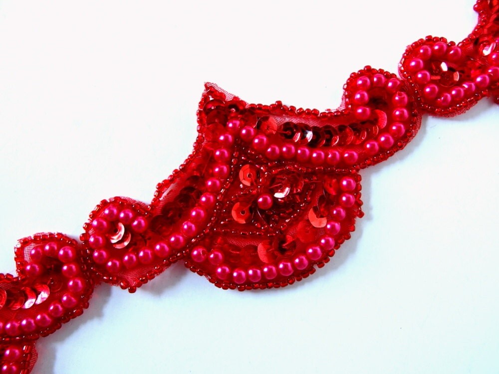 5 Red Sequin and Pearls Trim Appliques, NOS from bytheinch on Etsy Studio